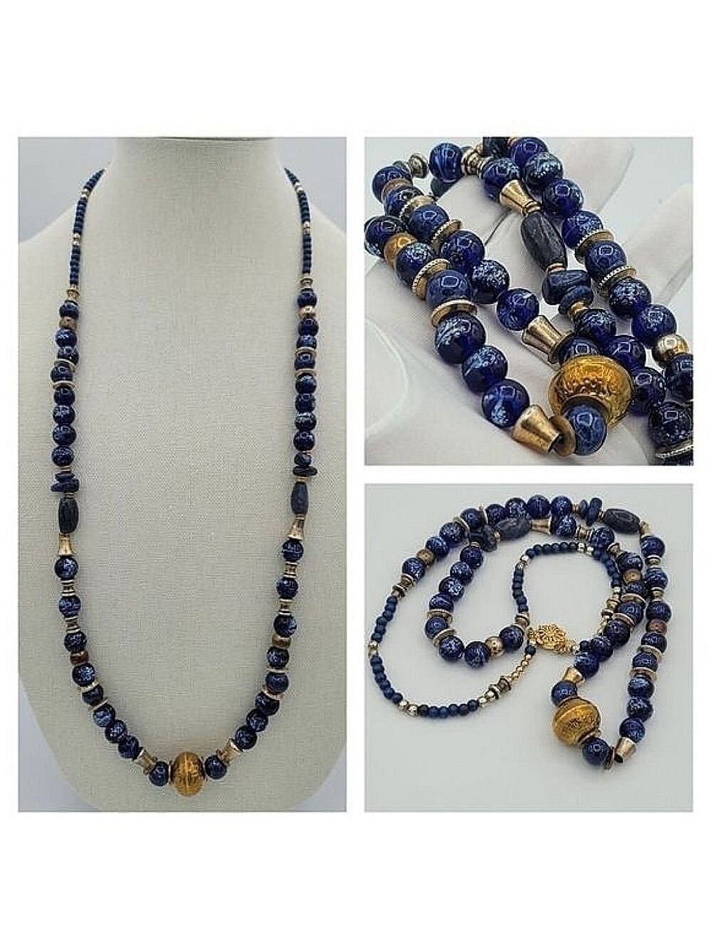 Necklace Blue Glass Beads & Metal Beads Bohemian Handmade Necklace #442